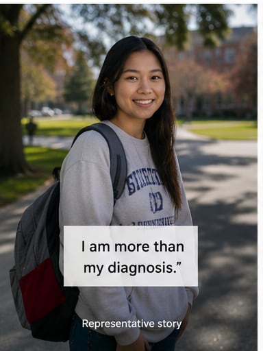 A composite image: a young woman with a backpack stands on a tree-lined path, with a card over the lower half reading “I am more than my diagnosis.” and, below it, “Representative story”