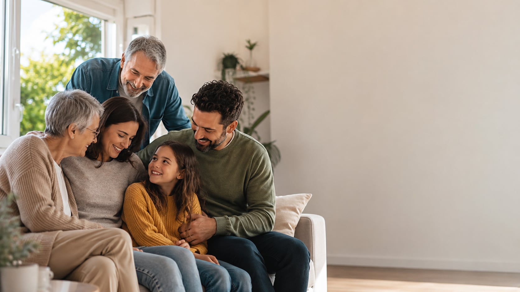 A multi-generational family gathers around a young girl on a sofa, smiling and embracing together in a living room.
