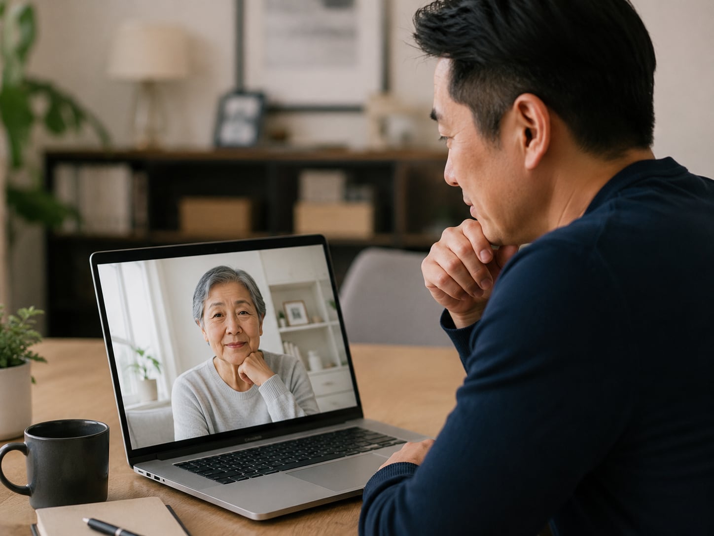 A man is on a video call with an older woman on his laptop, hand on chin, listening.