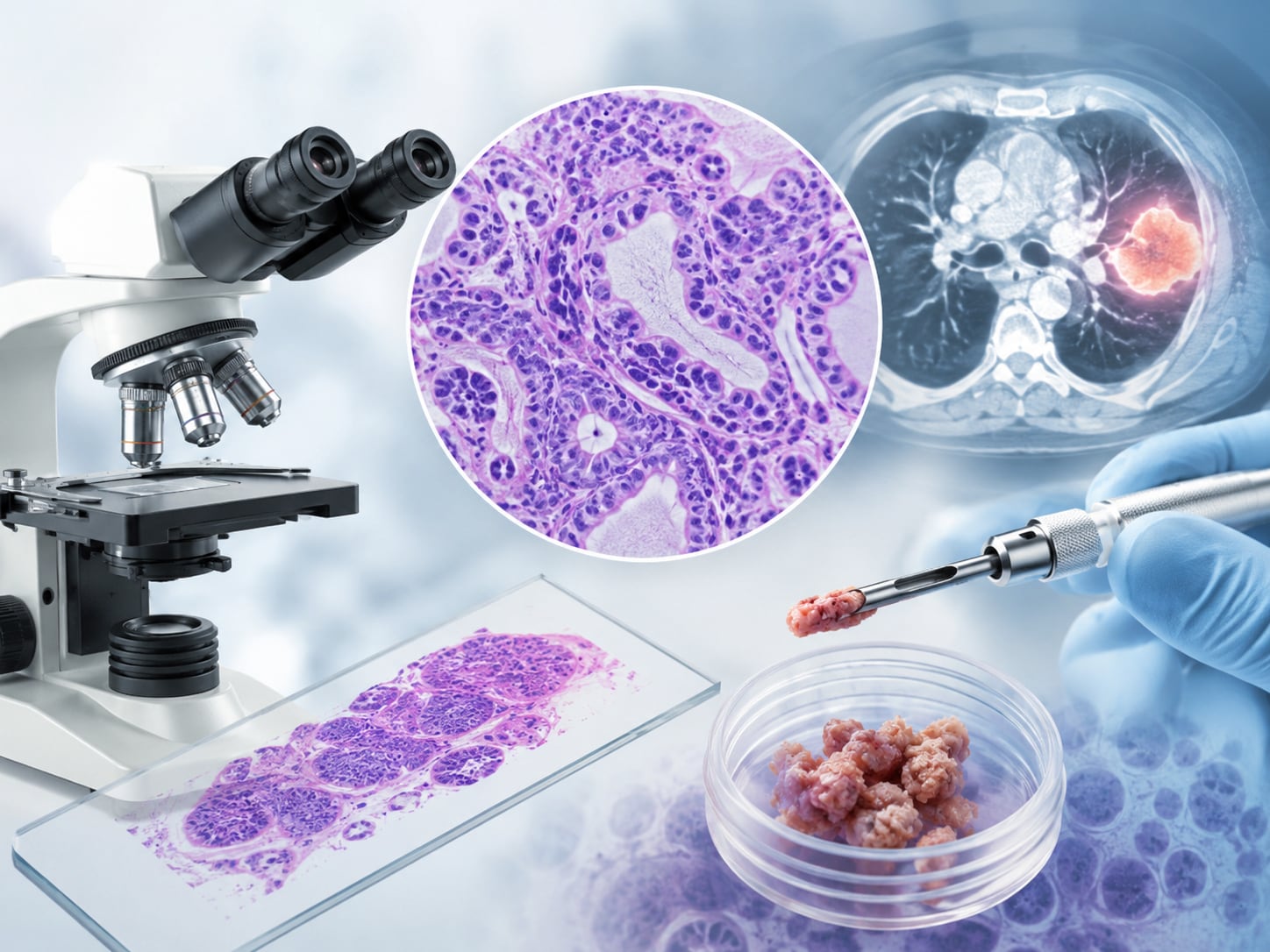 A composite image: a microscope, magnified cell imagery, a CT scan, and a biopsy needle with tissue sample illustrate cancer diagnosis.