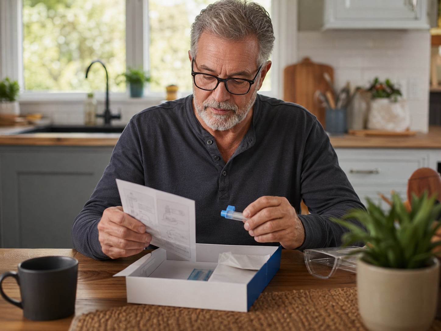 An older man at his kitchen table reads instructions for an at-home test kit while holding a sample collection tube, with the open kit box in front of him.