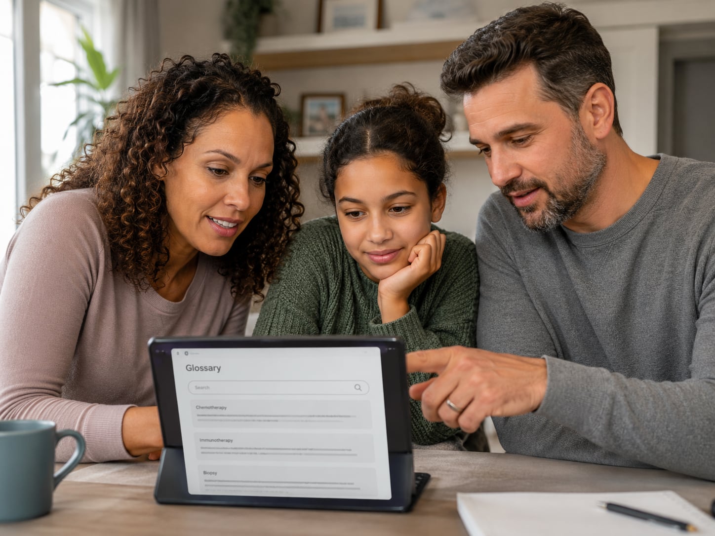 A mother, daughter, and father look together at a tablet at home.
