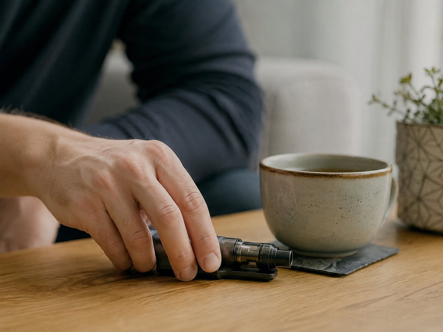 A hand sets down a black vape pen on a wooden table beside a stoneware mug