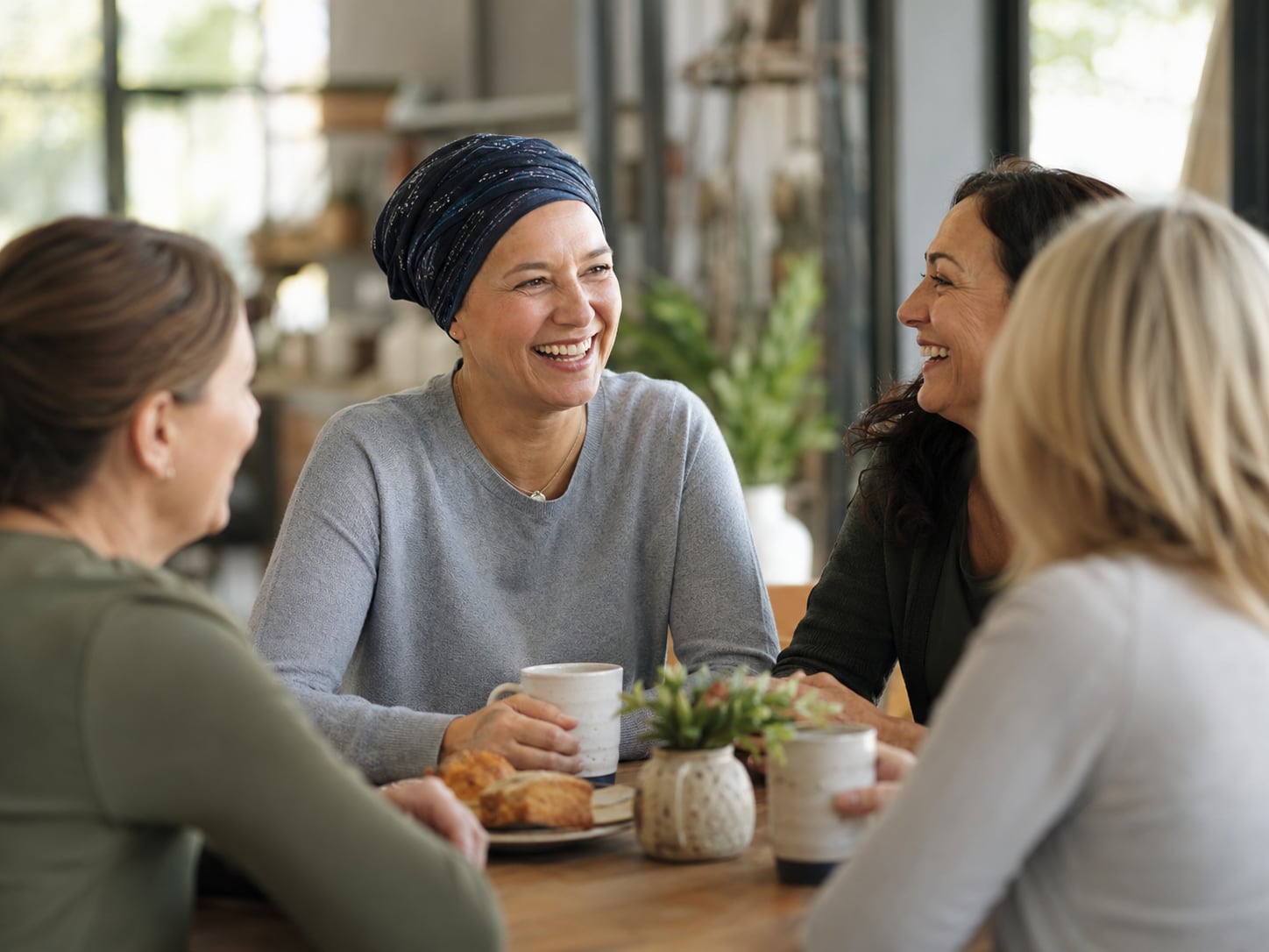 Four women sit together at a table, laughing over coffee and pastries; one wears a headscarf.