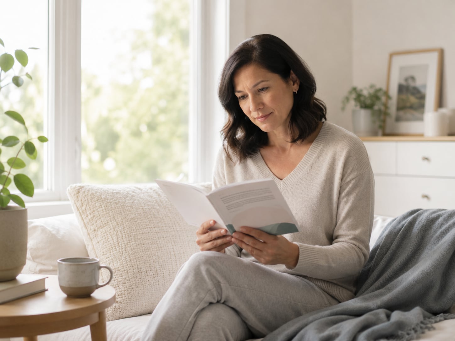 A woman sits on a sofa at home reading a printed booklet, with a mug of tea on the side table.