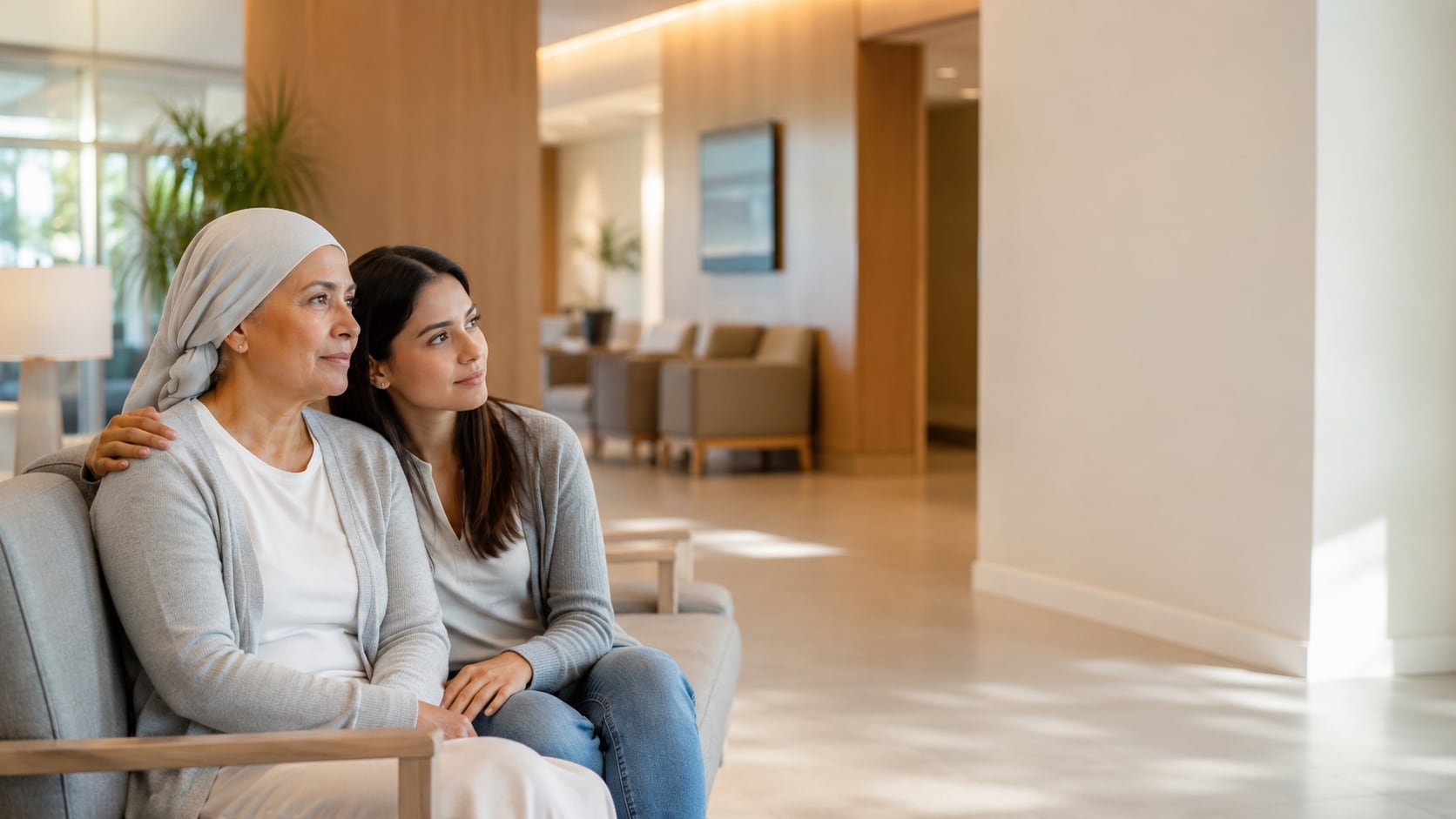 An older woman wearing a headscarf sits with a younger woman in a bright lobby, the younger woman's hand resting on her shoulder.