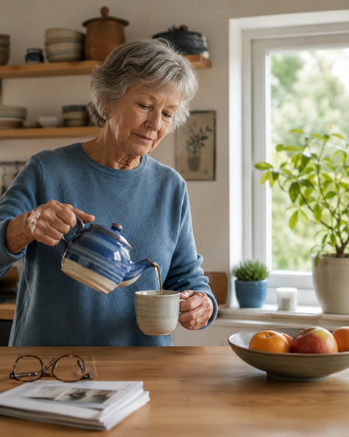 An older woman pours tea from a teapot into a mug in her kitchen, with a bowl of fruit nearby.