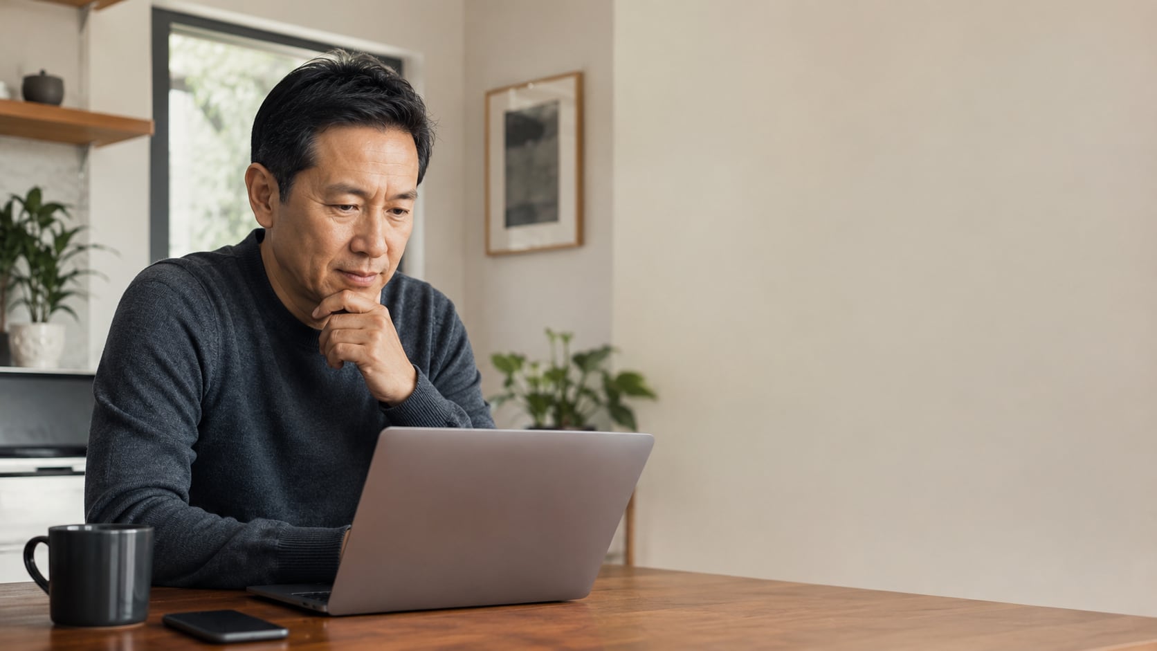 A man sits at a laptop at a kitchen table, chin resting on his hand, looking thoughtfully at the screen.