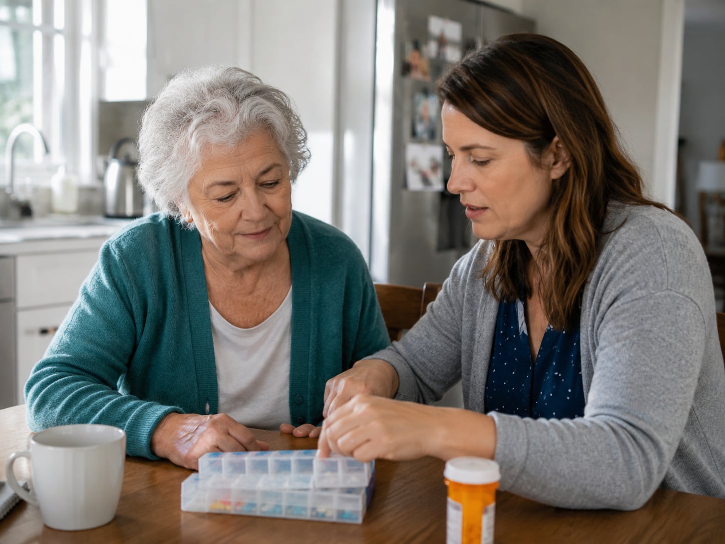 An older woman and a younger woman sort medication into a pill organizer together at a kitchen table, with a pill bottle and mug nearby