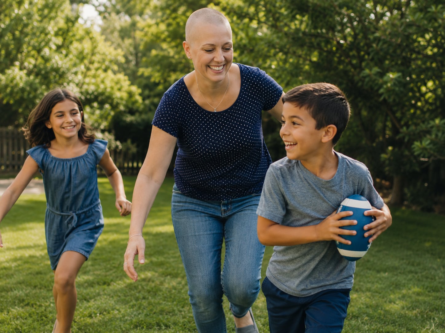 A woman with a shaved head runs and plays football outdoors with a boy and a girl.
