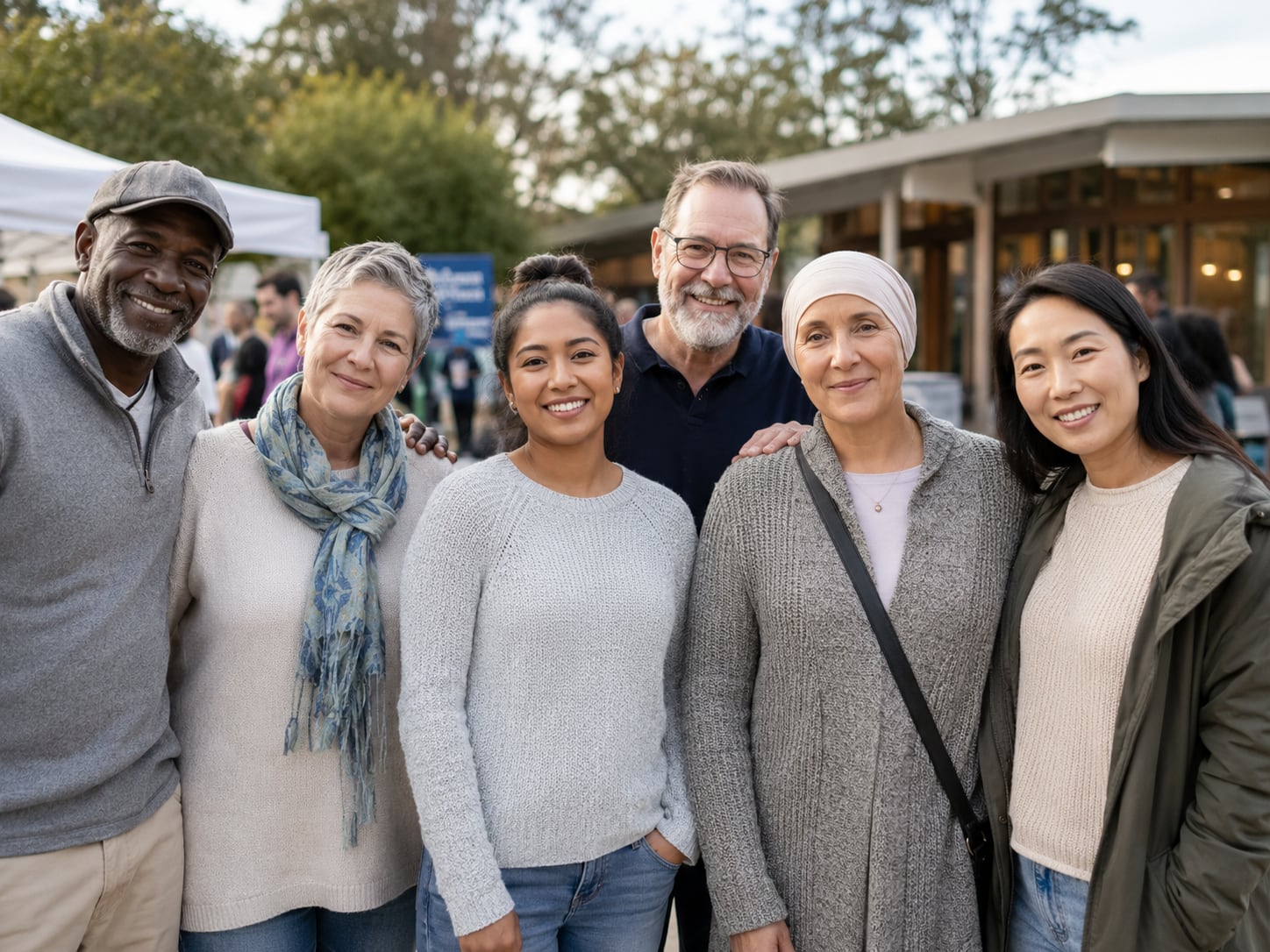 A group of six multi-generational people pose together smiling outdoors.