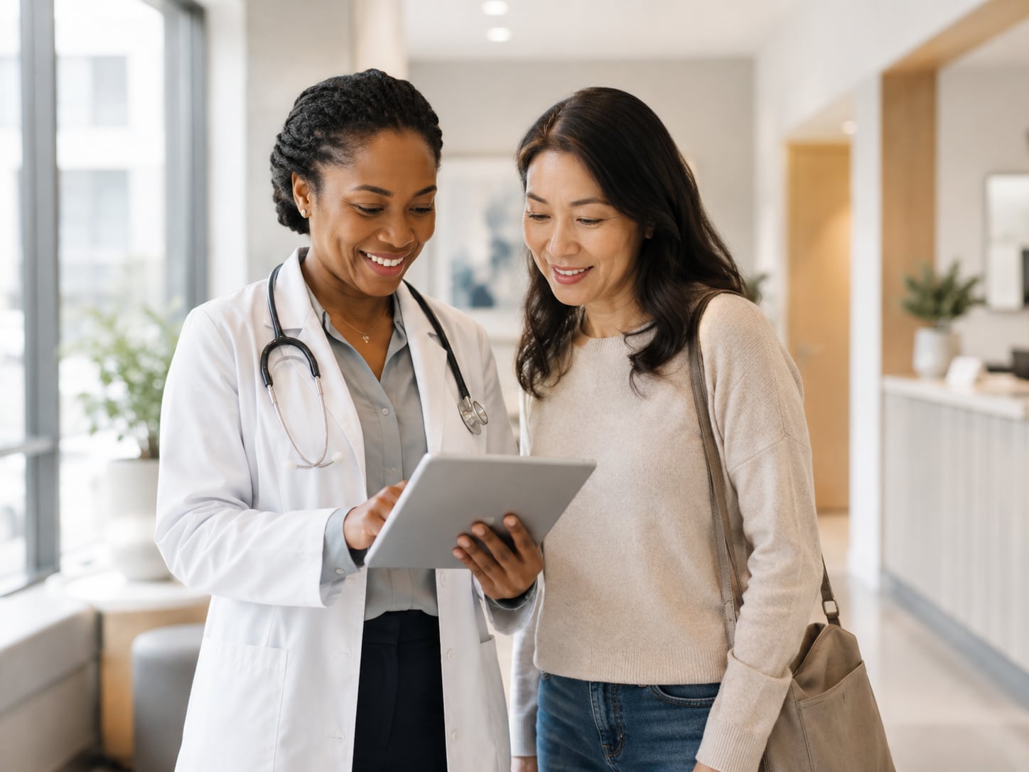 A physician and a patient walk together down a clinic hallway, both looking at a tablet the physician is holding.