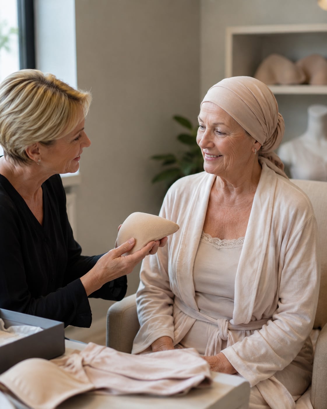 A woman shows a prosthetic breast form to a woman wearing a headscarf, seated in a fitting room.