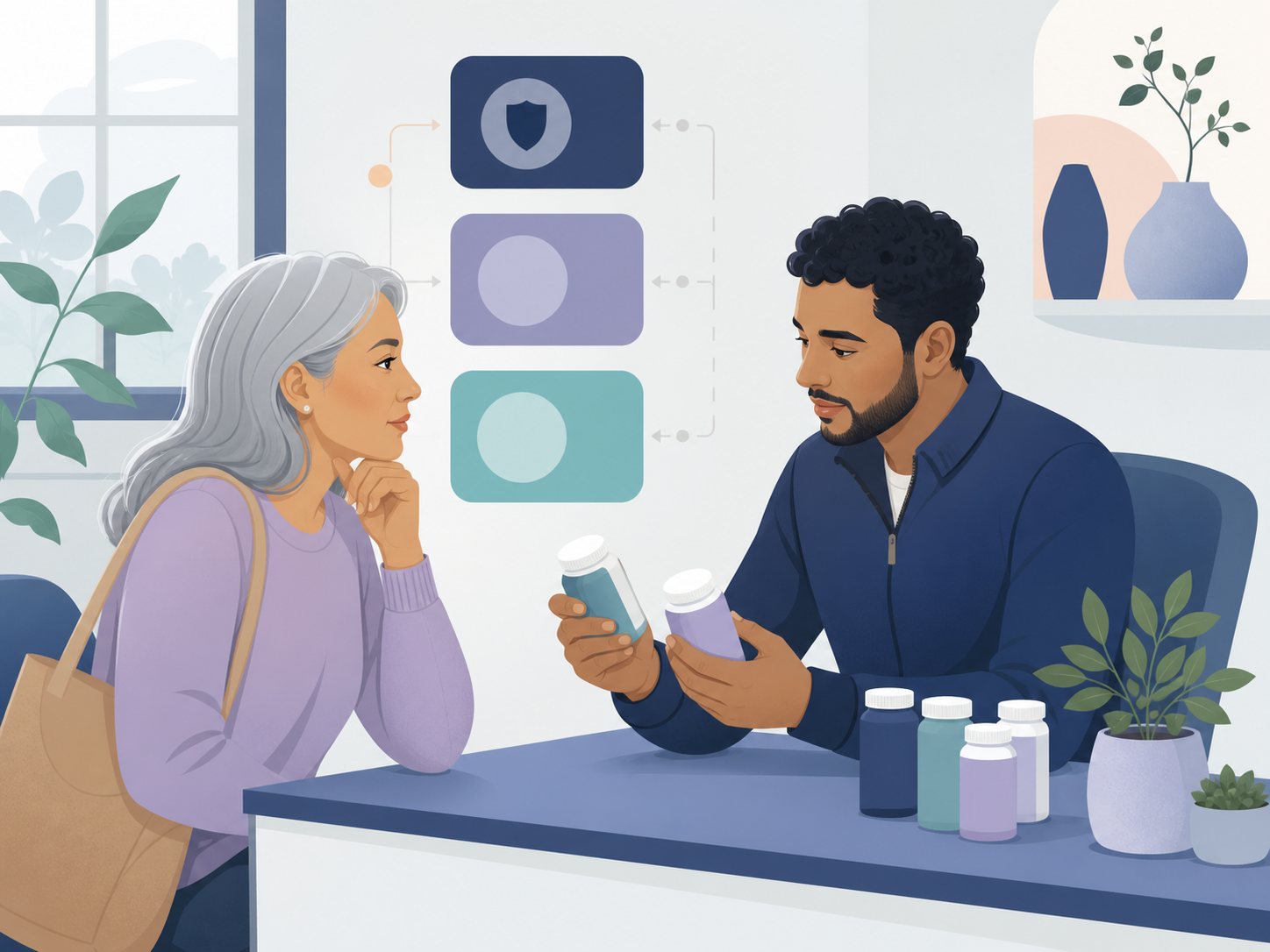A pharmacist and an older woman compare unlabelled generic pill bottles lined up on a table.