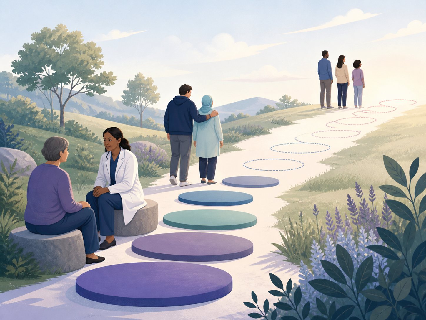 A patient and clinician sit talking near the start of a plain stepping-stone path, with a couple walking further along it and three people standing together at the top of the hill in the distance.