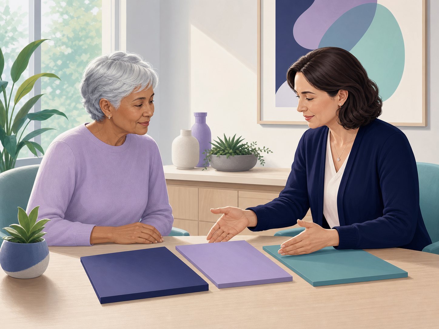 An older adult and a counselor sit at a table comparing three blank plan cards.