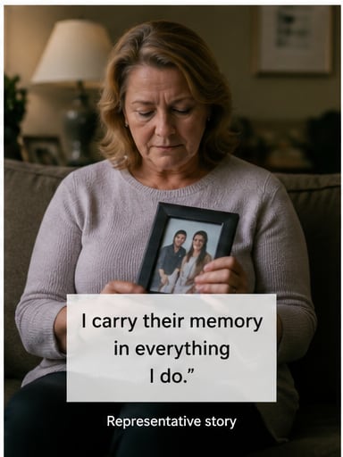 A composite image: a woman sits on a sofa holding a framed photograph of two people, with a card over the lower half reading “I carry their memory in everything I do.” and, below it, “Representative story”