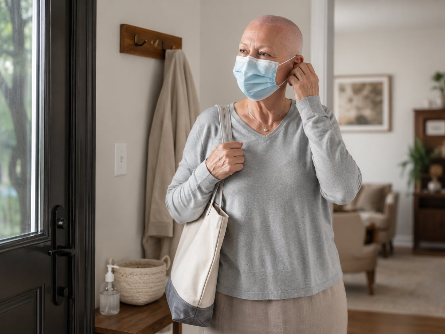 A woman puts on a face mask while standing near the front door at home.