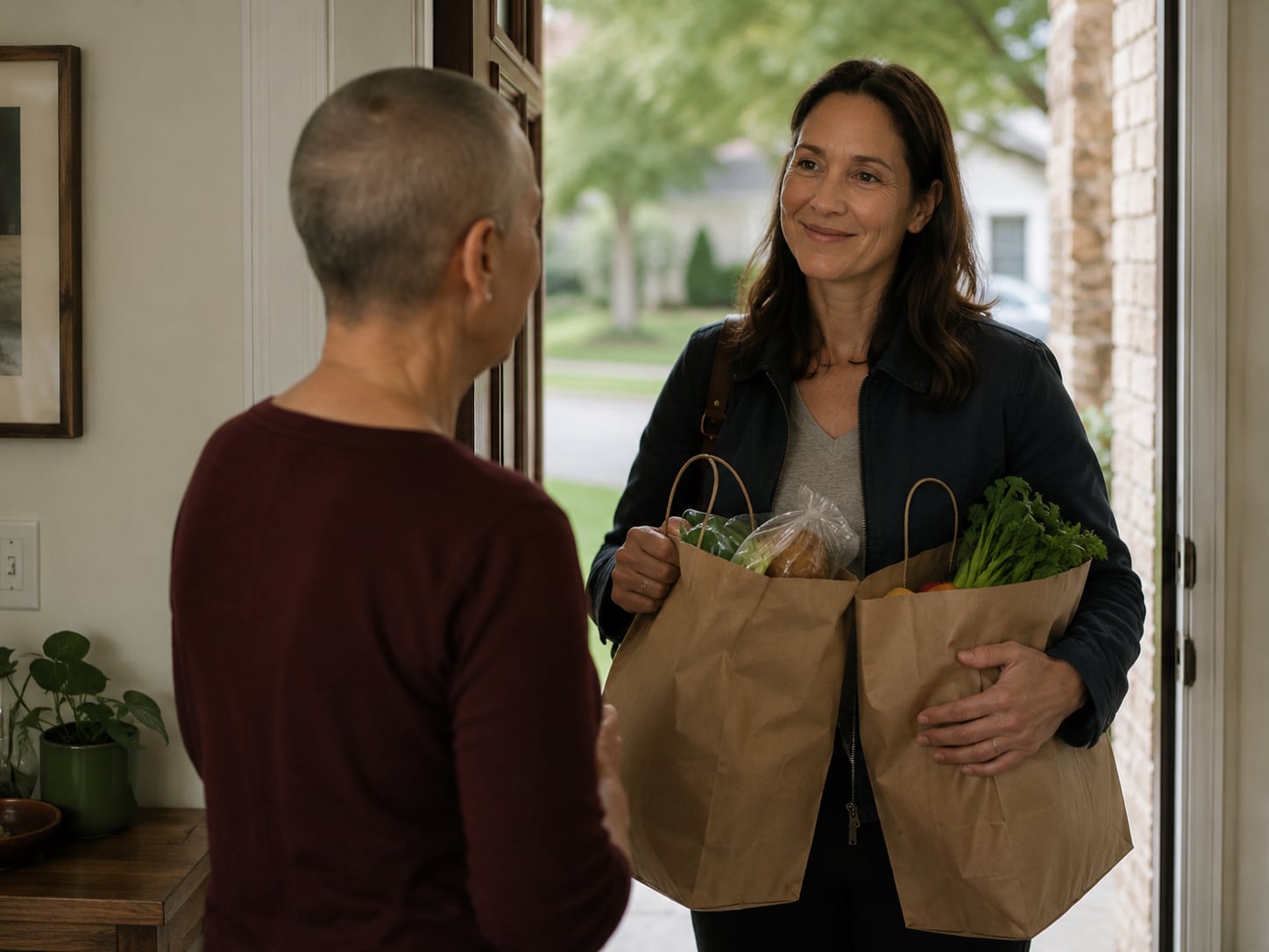 A woman with a shaved head greets a visitor carrying two paper grocery bags at her front door