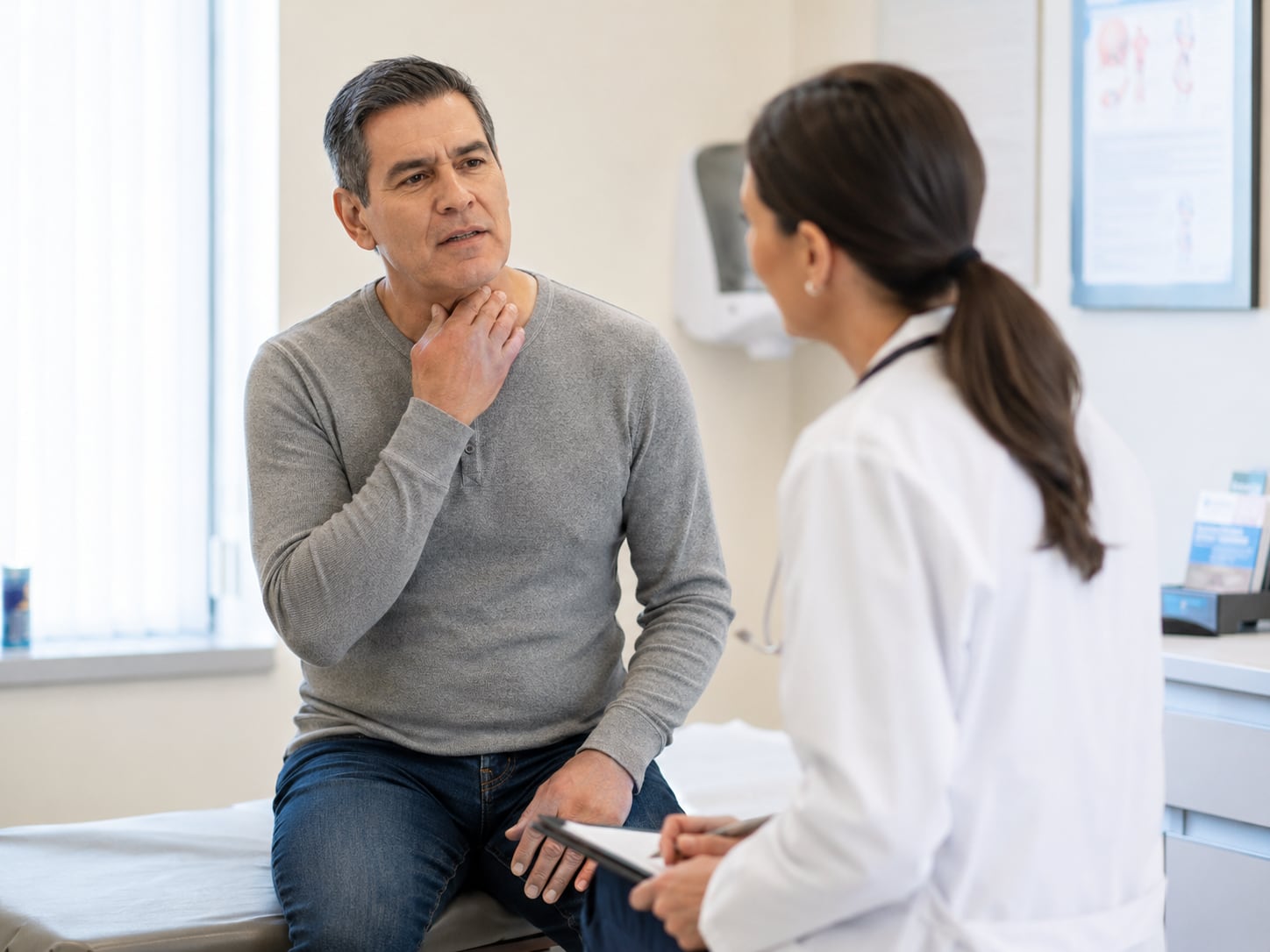 A man touches his throat while talking with a female doctor taking notes in an exam room