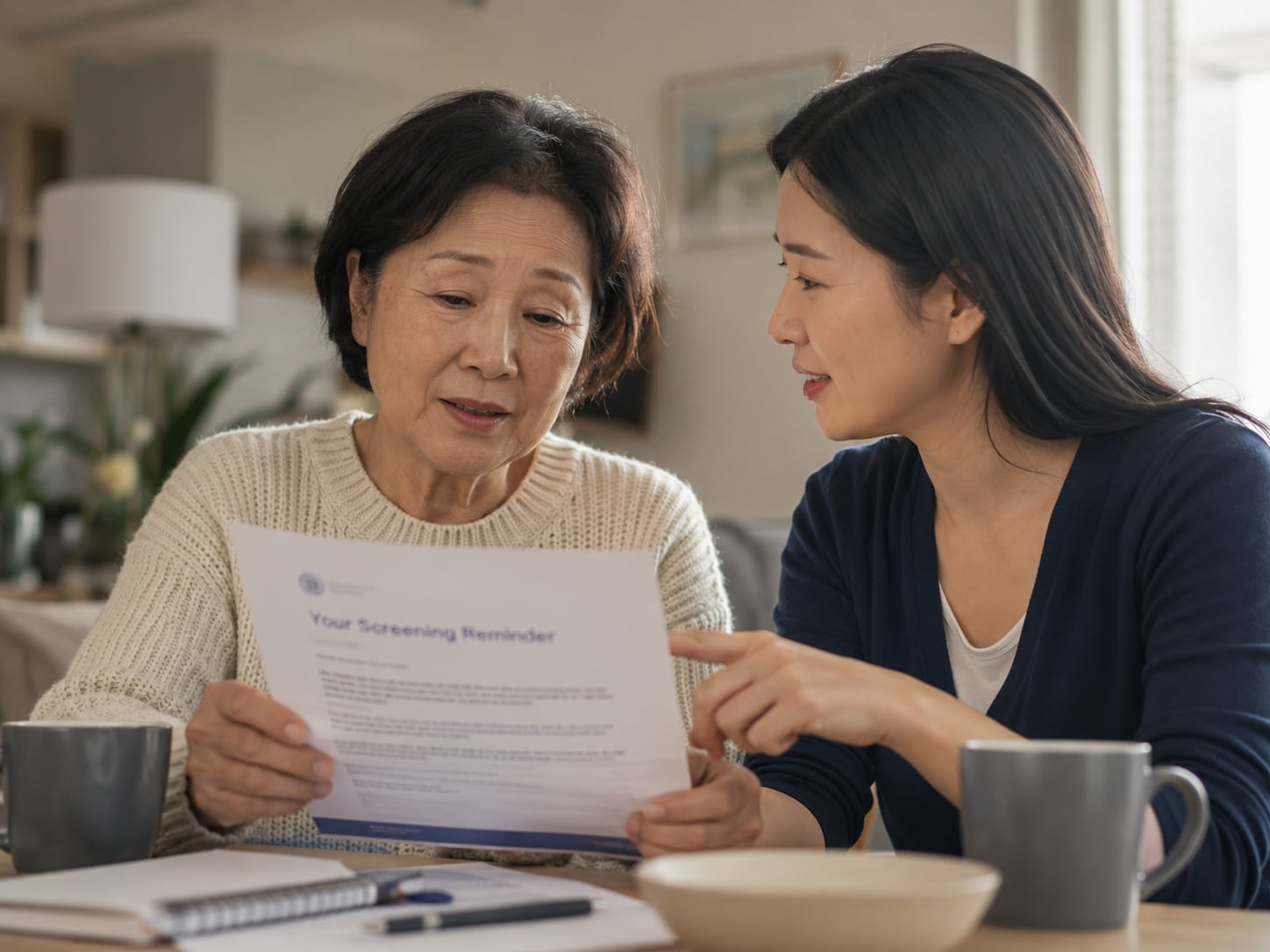 An older woman holds a letter reading "Your Screening Reminder" while a younger woman points to it, both seated at a table at home
