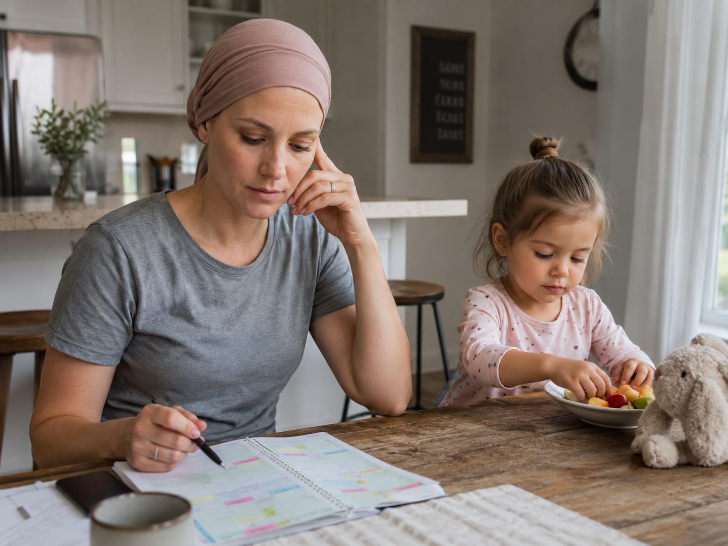 A woman wearing a headscarf sits at a kitchen table looking at a planner, while a young girl beside her eats a bowl of fruit.