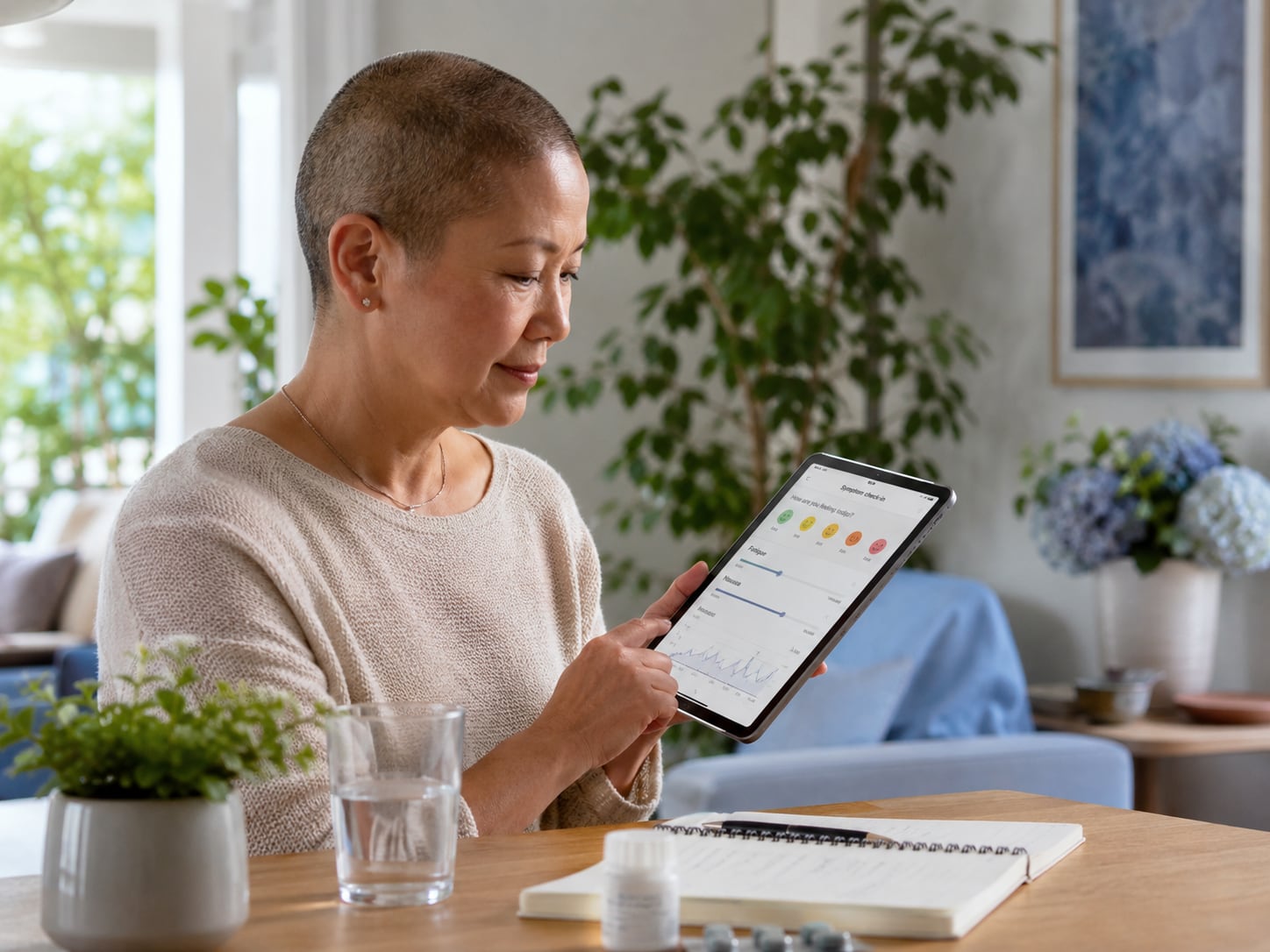 A woman with a shaved head looks at a tablet showing a symptom check-in chart while seated on a couch.